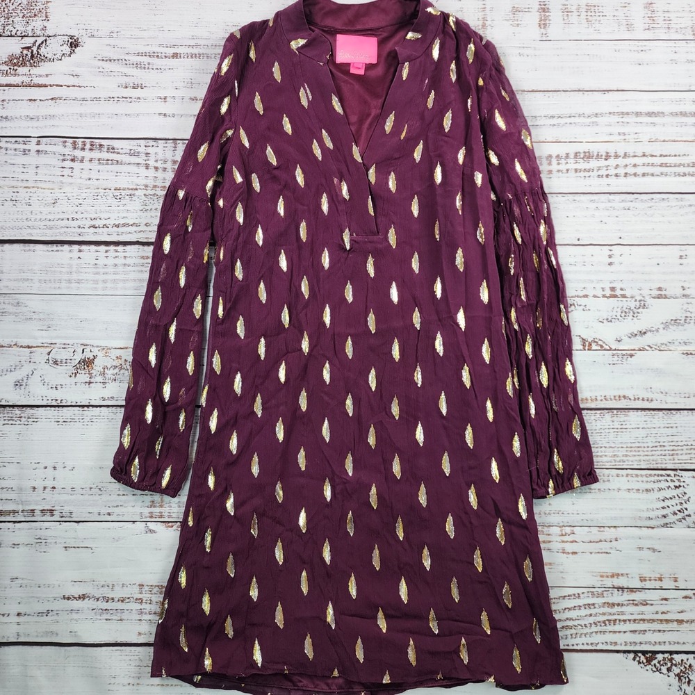 Lilly Pulitzer Shea Silk Dress 4 Cabernet Berry Metallic Gold Diamond Clip Shift